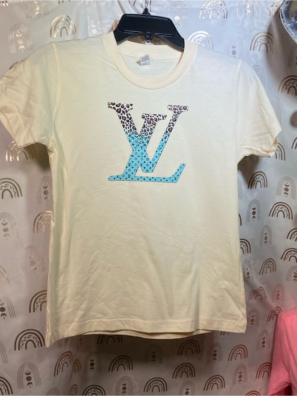 Up Cycled LV INSPO Cream Short Sleeve Tee with Blue Gradient Logo